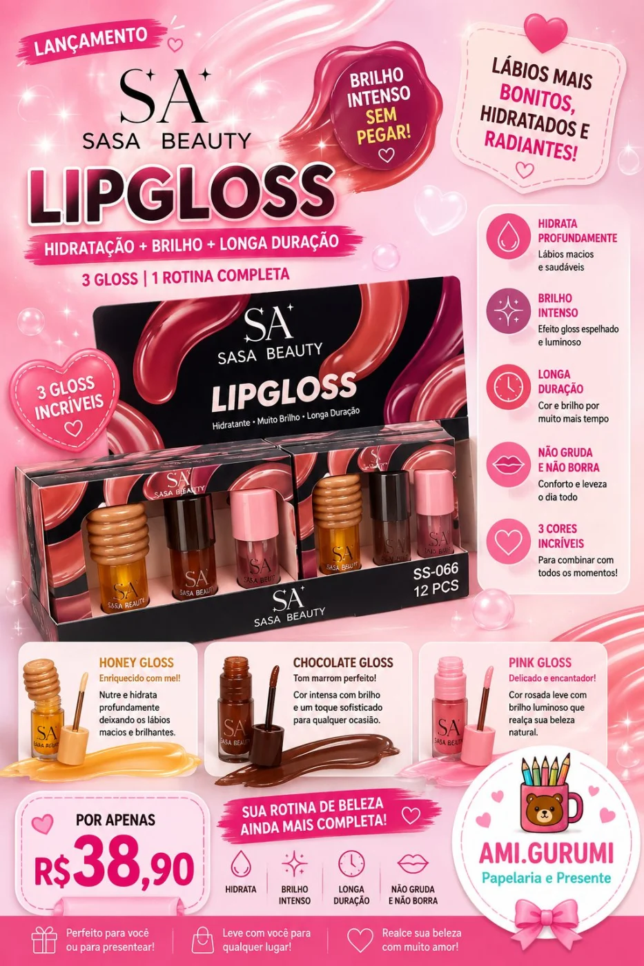 Kit Lipgloss Sasa Beauty 3 Cores